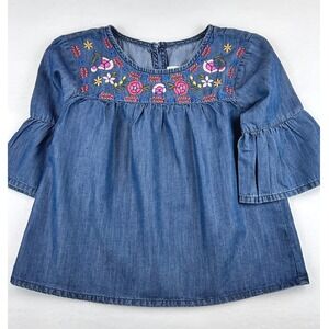 Crazy 8 Girls Blue Chambray Embroidered Floral Bell Sleeve Top Size M 7-8